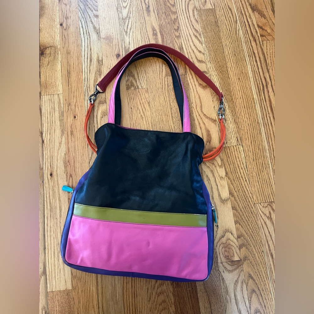 ILI New York Leather Color Block Purse Drawstring‎ Shoulder Multicolor Bright